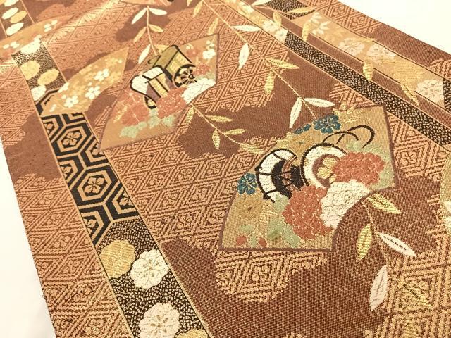 平和屋着物◎両面六通柄袋帯 地紙御所車文 金糸 正絹 逸品 AAAN7647wt