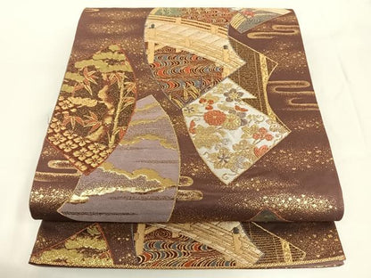 平和屋着物◎六通柄袋帯 地紙渡り橋花文 金糸 正絹 逸品 AAAN7659wt