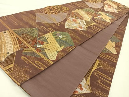 平和屋着物◎六通柄袋帯 地紙渡り橋花文 金糸 正絹 逸品 AAAN7659wt