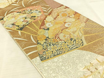 平和屋着物◎六通柄袋帯 蒔絵扇面重ね 金銀糸 引箔 正絹 逸品 AAAN8430jh