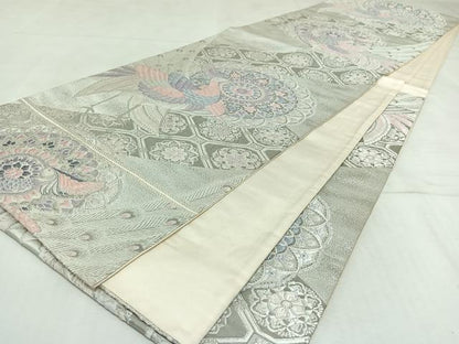 平和屋着物◎六通柄袋帯 唐織 正倉院孔雀花文 銀糸 正絹 逸品 AAAN8438jh