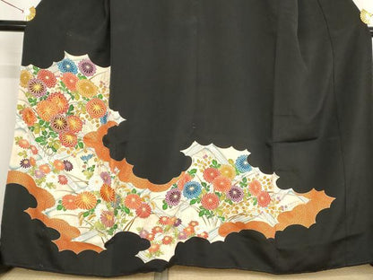 平和屋着物■豪華黒留袖 駒刺繍 草花文 金彩 正絹 逸品 AAAN9210bw