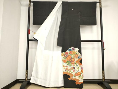 平和屋着物■豪華黒留袖 駒刺繍 草花文 金彩 正絹 逸品 AAAN9210bw