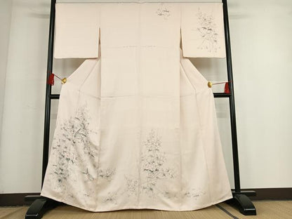 平和屋着物●訪問着　手描き　刺繍　枝花に休み鳥　正絹　逸品　AAAN9280zg