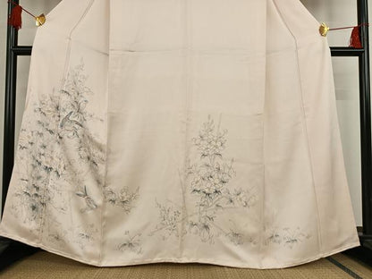 平和屋着物●訪問着　手描き　刺繍　枝花に休み鳥　正絹　逸品　AAAN9280zg