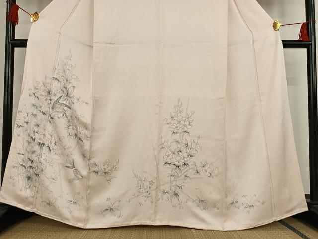 平和屋着物●訪問着　手描き　刺繍　枝花に休み鳥　正絹　逸品　AAAN9280zg