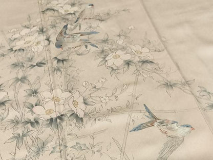 平和屋着物●訪問着　手描き　刺繍　枝花に休み鳥　正絹　逸品　AAAN9280zg