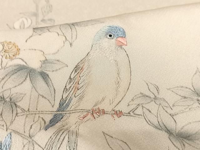 平和屋着物●訪問着　手描き　刺繍　枝花に休み鳥　正絹　逸品　AAAN9280zg
