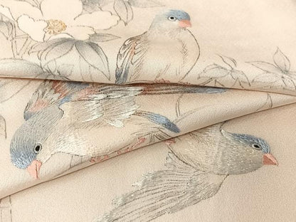 平和屋着物●訪問着　手描き　刺繍　枝花に休み鳥　正絹　逸品　AAAN9280zg