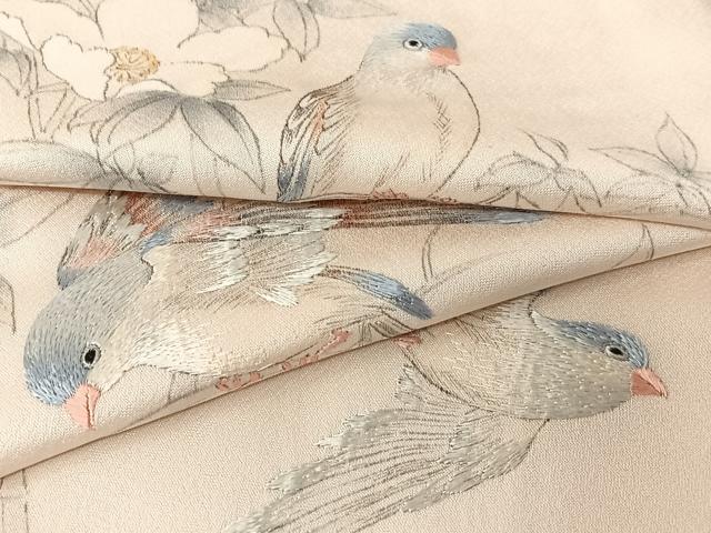 平和屋着物●訪問着　手描き　刺繍　枝花に休み鳥　正絹　逸品　AAAN9280zg