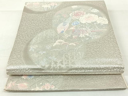 平和屋着物◎六通柄袋帯 唐織 花鳥丸文 銀糸 正絹 逸品 AAAN9866jh