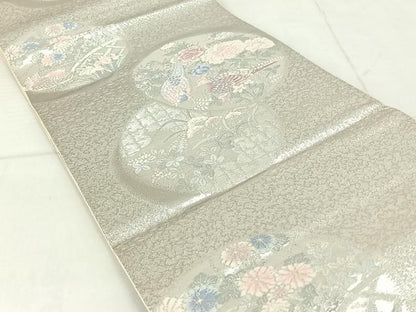 平和屋着物◎六通柄袋帯 唐織 花鳥丸文 銀糸 正絹 逸品 AAAN9866jh