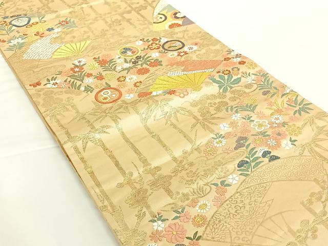 平和屋着物◎六通柄袋帯 扇面花蝶丸文 金銀糸 正絹 逸品 AAAN9910jh