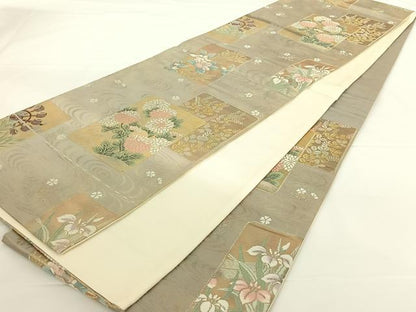 平和屋着物◎六通柄袋帯 流水色紙重ね花文 金糸 正絹 逸品 AAAN9920jh