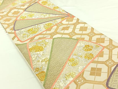 平和屋着物◎六通柄袋帯 扇面吉祥花文 金銀糸 正絹 逸品 AAAN9935jh