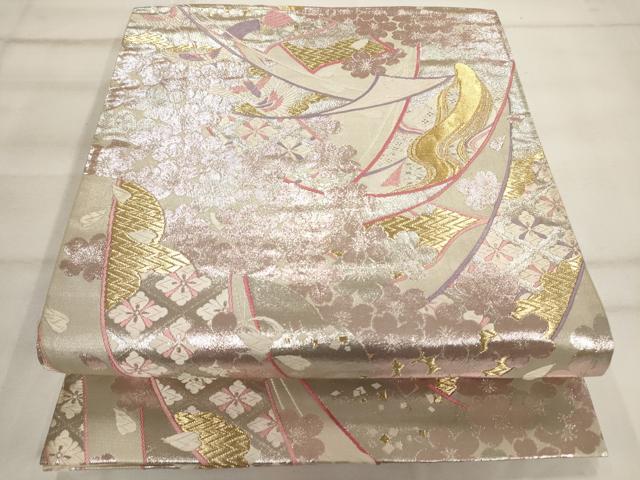 平和屋着物◎六通柄袋帯 唐織 熨斗飛鶴舞花文 金銀糸 正絹 逸品 AAAO0075jz