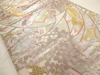 平和屋着物◎六通柄袋帯 唐織 熨斗飛鶴舞花文 金銀糸 正絹 逸品 AAAO0075jz
