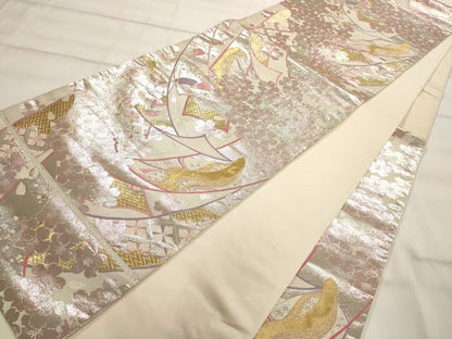 平和屋着物◎六通柄袋帯 唐織 熨斗飛鶴舞花文 金銀糸 正絹 逸品 AAAO0075jz