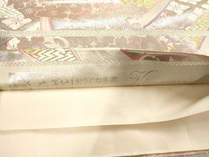 平和屋着物◎六通柄袋帯 唐織 熨斗飛鶴舞花文 金銀糸 正絹 逸品 AAAO0075jz