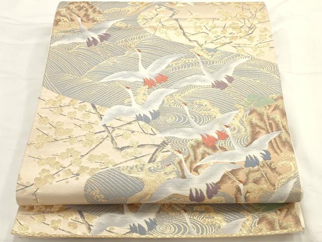 平和屋着物◎六通柄袋帯 飛鶴枝梅文 金糸 正絹 逸品 AAAO0158ru