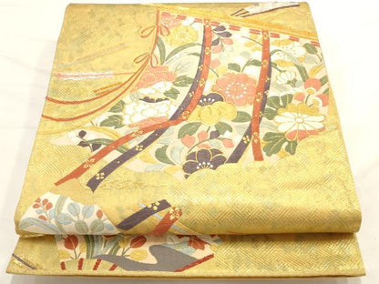平和屋着物◎六通柄袋帯 唐織 几帳草花文 本うるし箔 正絹 逸品 AAAO0166ru