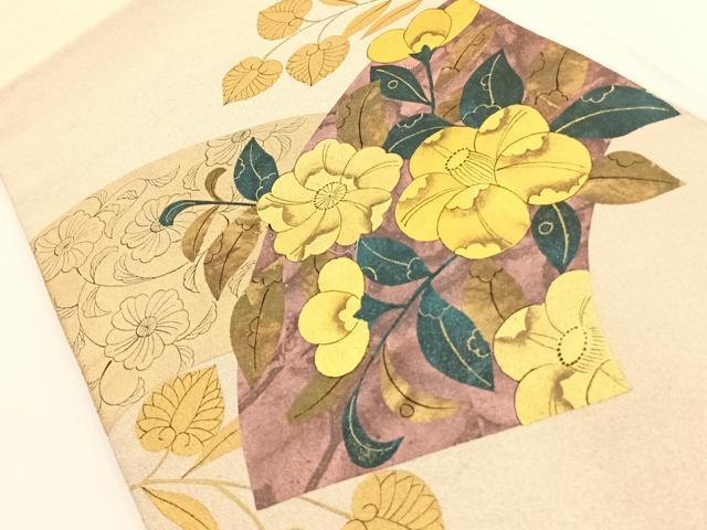 平和屋着物◎綴れ 太鼓柄袋帯 地紙草花文 金彩 正絹 逸品 AAAO0511wt