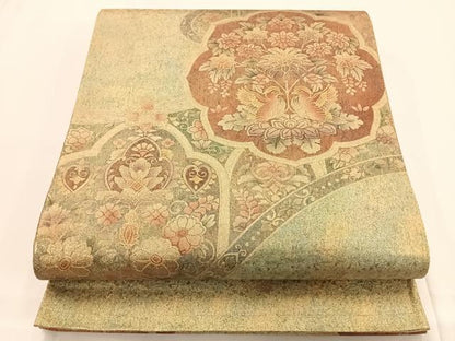 平和屋着物◎六通太鼓柄袋帯 鏡裏花鳥文 金彩 引箔 正絹 逸品 AAAO0533wt
