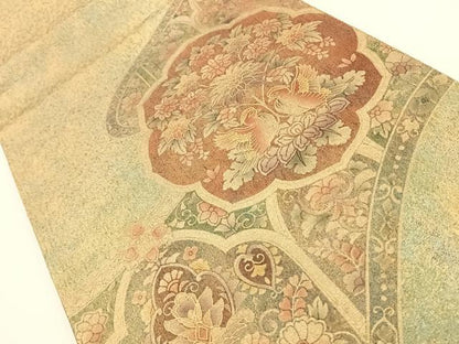 平和屋着物◎六通太鼓柄袋帯 鏡裏花鳥文 金彩 引箔 正絹 逸品 AAAO0533wt