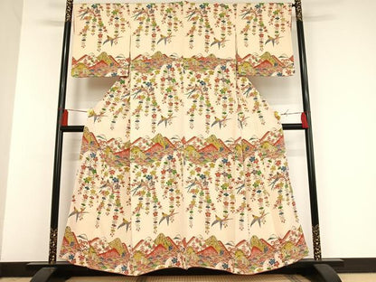 平和屋着物●付下げ　紅型　型染め　遠山風景花鳥文　正絹　逸品　AAAO0556oa
