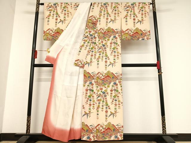 平和屋着物●付下げ　紅型　型染め　遠山風景花鳥文　正絹　逸品　AAAO0556oa