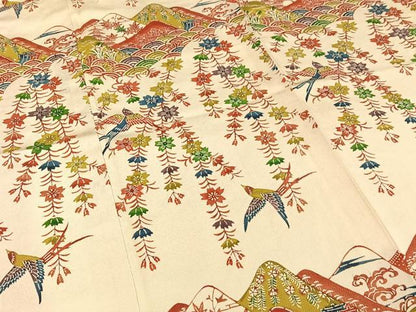 平和屋着物●付下げ　紅型　型染め　遠山風景花鳥文　正絹　逸品　AAAO0556oa