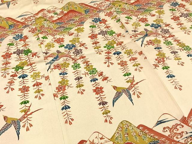 平和屋着物●付下げ　紅型　型染め　遠山風景花鳥文　正絹　逸品　AAAO0556oa