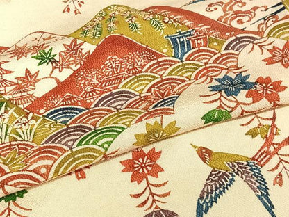 平和屋着物●付下げ　紅型　型染め　遠山風景花鳥文　正絹　逸品　AAAO0556oa