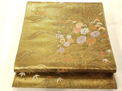 平和屋着物◎六通柄袋帯 唐織 草花流水文 金糸 正絹 逸品 AAAO1003fw