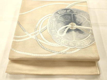 平和屋着物◎太鼓柄袋帯 駒刺繍 総刺繍 鏡裏文 銀糸 正絹 逸品 AAAO1004fw