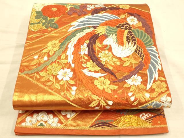 平和屋着物◎能衣錦 六通柄袋帯 切嵌鳳凰垂れ花文 金銀糸 正絹 逸品 AAAO1025fw