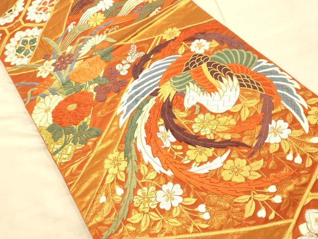 平和屋着物◎能衣錦 六通柄袋帯 切嵌鳳凰垂れ花文 金銀糸 正絹 逸品 AAAO1025fw