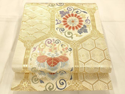 平和屋着物◎六通柄袋帯 唐織 亀甲花唐草文 金銀糸 正絹 逸品 AAAO1059fw
