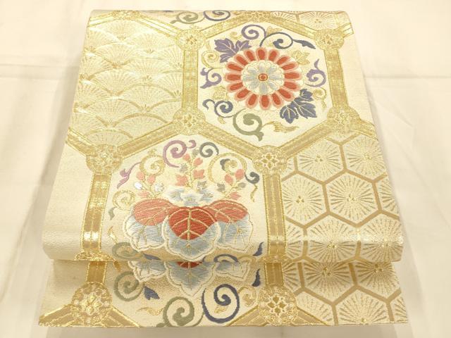 平和屋着物◎六通柄袋帯 唐織 亀甲花唐草文 金銀糸 正絹 逸品 AAAO1059fw