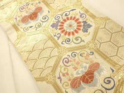 平和屋着物◎六通柄袋帯 唐織 亀甲花唐草文 金銀糸 正絹 逸品 AAAO1059fw