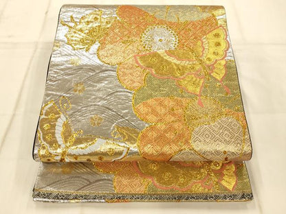 平和屋着物◎六通柄袋帯 花蝶流水文 金銀糸 正絹 逸品 AAAO1062fw