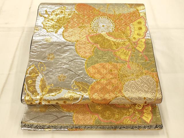 平和屋着物◎六通柄袋帯 花蝶流水文 金銀糸 正絹 逸品 AAAO1062fw