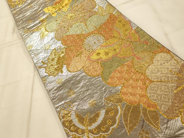 平和屋着物◎六通柄袋帯 花蝶流水文 金銀糸 正絹 逸品 AAAO1062fw