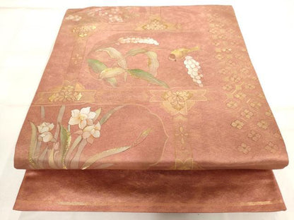 平和屋着物◎六通太鼓柄袋帯 手描き 屏風花鳥文 金糸 正絹 逸品 AAAO1076jz