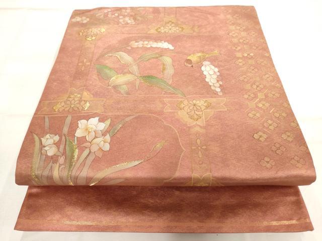 平和屋着物◎六通太鼓柄袋帯 手描き 屏風花鳥文 金糸 正絹 逸品 AAAO1076jz