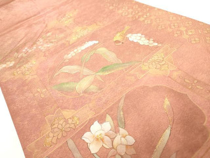 平和屋着物◎六通太鼓柄袋帯 手描き 屏風花鳥文 金糸 正絹 逸品 AAAO1076jz