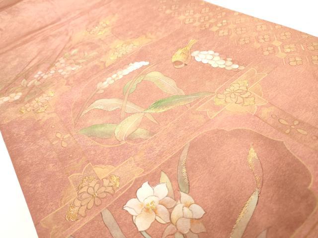 平和屋着物◎六通太鼓柄袋帯 手描き 屏風花鳥文 金糸 正絹 逸品 AAAO1076jz