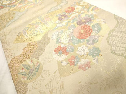 平和屋着物◎六通柄袋帯 地紙重ね草花文 金糸 正絹 逸品 AAAO1081jz