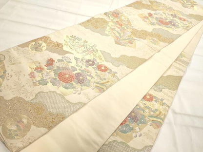 平和屋着物◎六通柄袋帯 地紙重ね草花文 金糸 正絹 逸品 AAAO1081jz