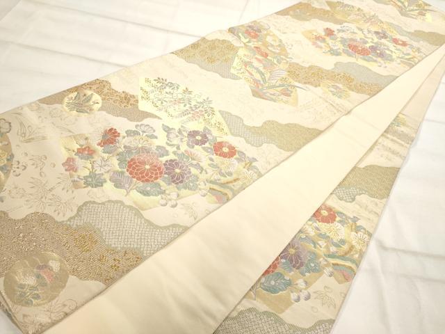 平和屋着物◎六通柄袋帯 地紙重ね草花文 金糸 正絹 逸品 AAAO1081jz